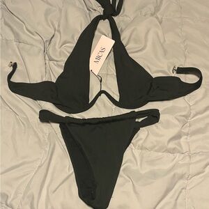 Black Cross Tie Halter Cut Out Bikini Set